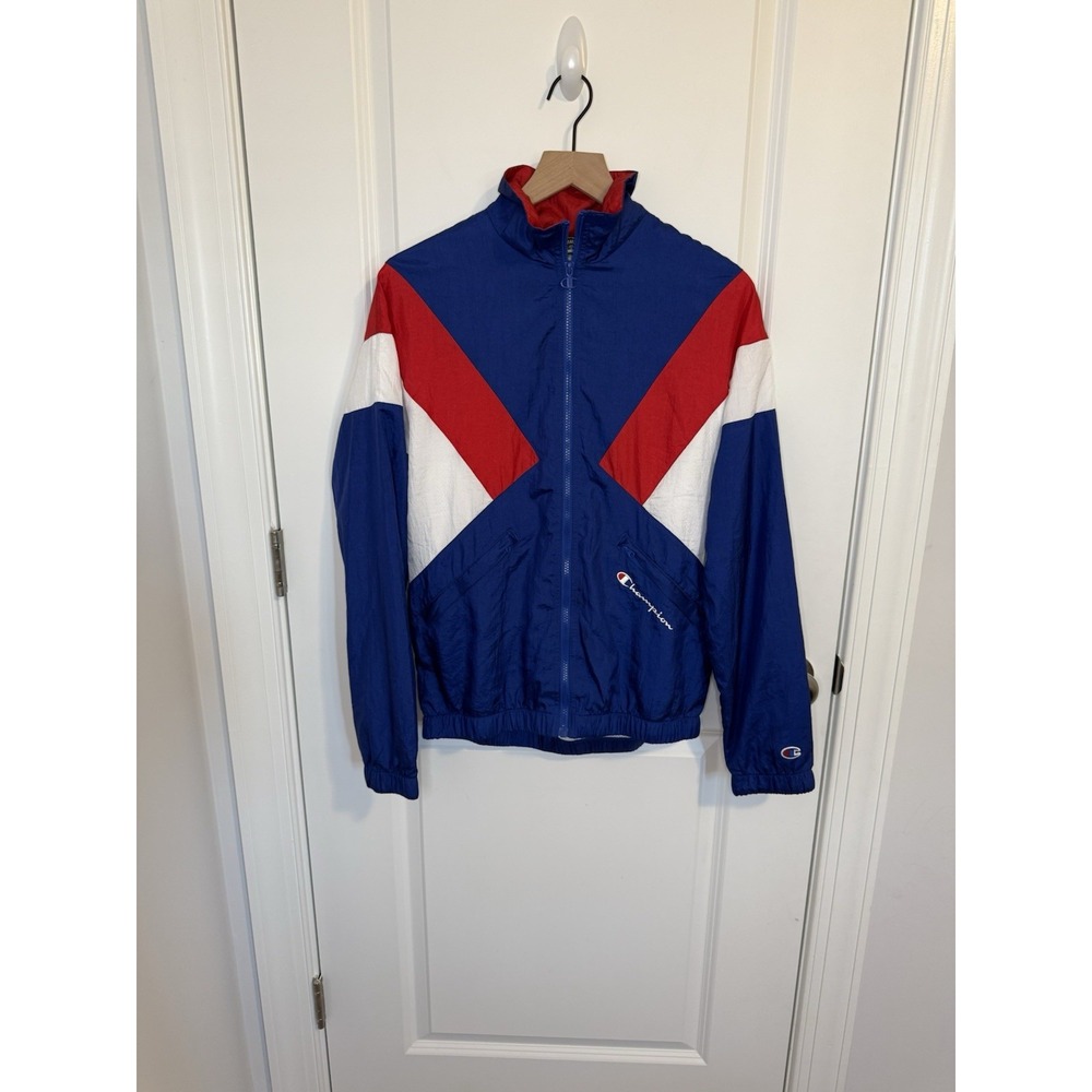 Champion Athletic Track Jacket Men's S Blue Red White Zip Up Mock Neck Vtg 90's